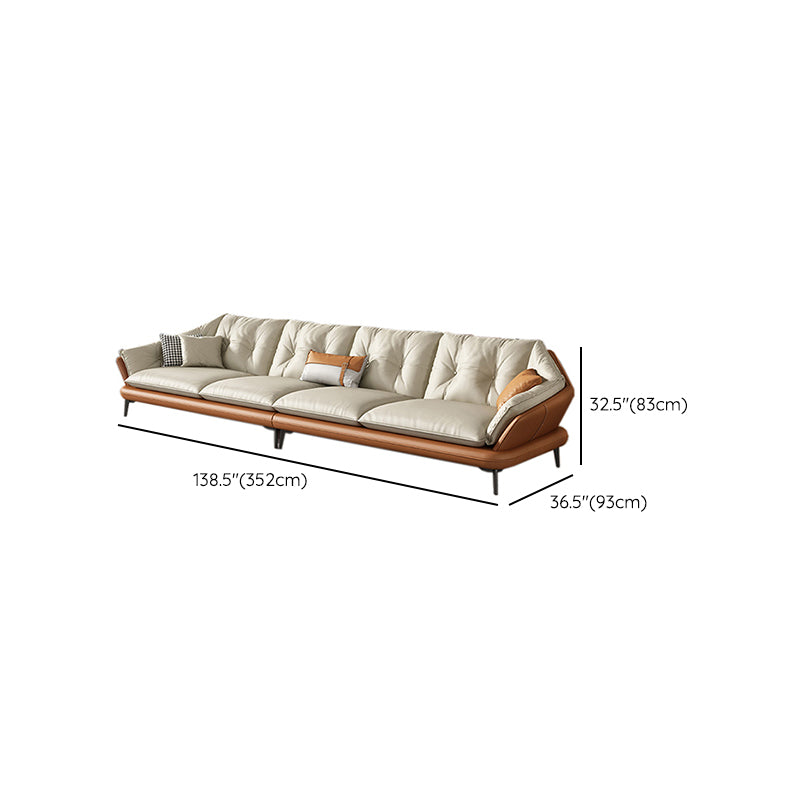 Modern Wood Frame Genuine Leather Flared Arm Sofa with Tufted Back