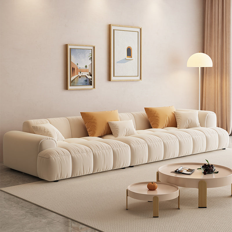 Scandinavian Wood Frame Recessed Arm Sofa in White for Living Room
