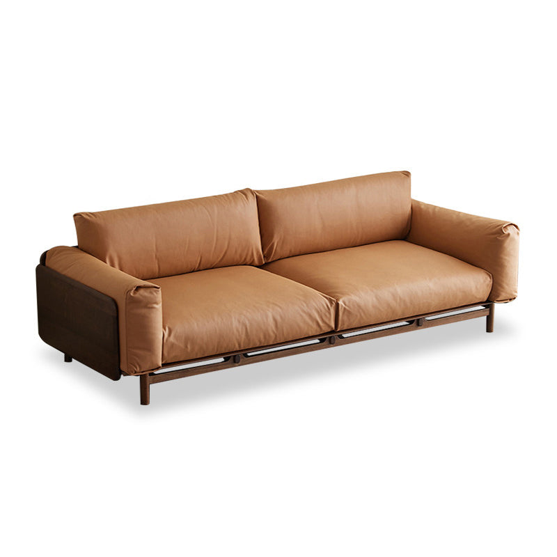 Scandinavian Solid Wood Leather Square Arm Sofa for Living Room
