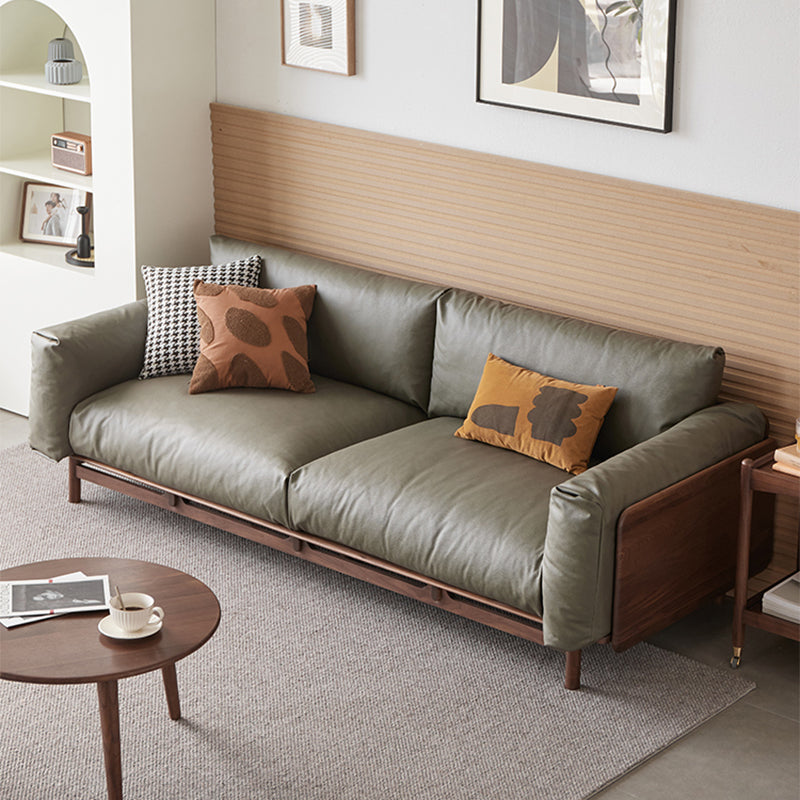 Scandinavian Solid Wood Leather Square Arm Sofa for Living Room