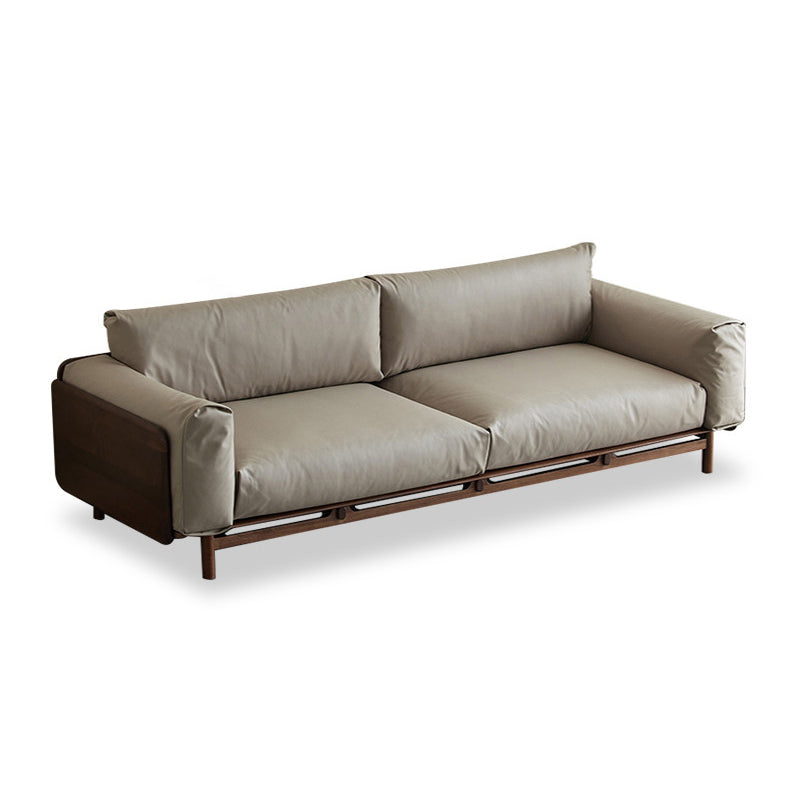 Scandinavian Solid Wood Leather Square Arm Sofa for Living Room