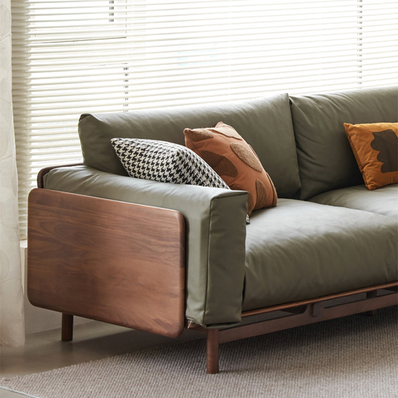 Scandinavian Solid Wood Leather Square Arm Sofa for Living Room