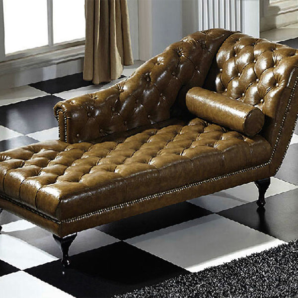 Living Room Chaise Flare Arm Leather Chaise Lounge with Tufted Upholster