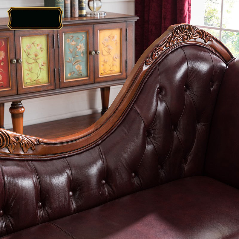 Traditional Brown Genuine Leather Chaise Rolled Arms Tufted Accent Chair