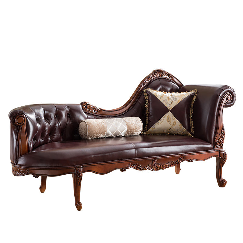 Traditional Brown Genuine Leather Chaise Rolled Arms Tufted Accent Chair