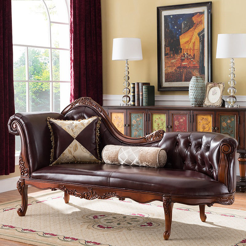 Traditional Brown Genuine Leather Chaise Rolled Arms Tufted Accent Chair
