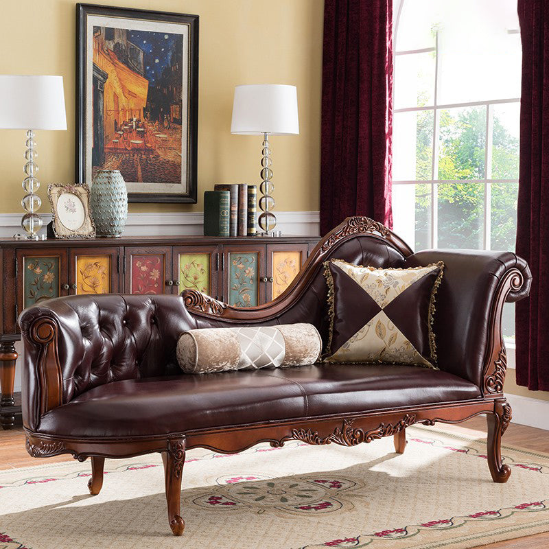 Traditional Brown Genuine Leather Chaise Rolled Arms Tufted Accent Chair