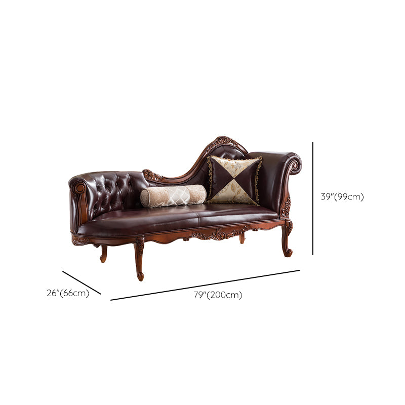 Traditional Brown Genuine Leather Chaise Rolled Arms Tufted Accent Chair