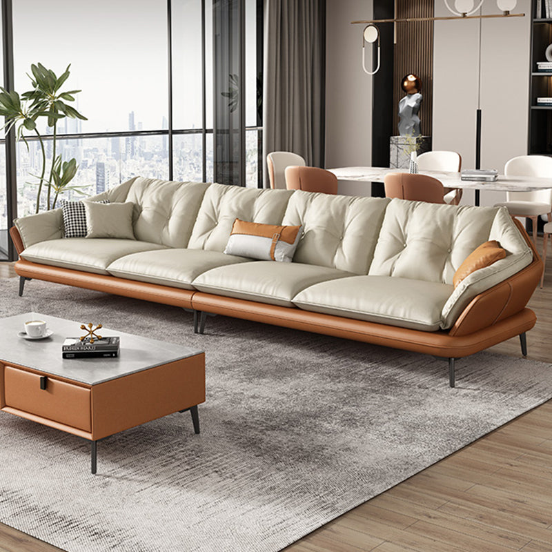 Tufted Genuine Leather Sectionals Flared Arm Beige Cushions Sectional Sofa