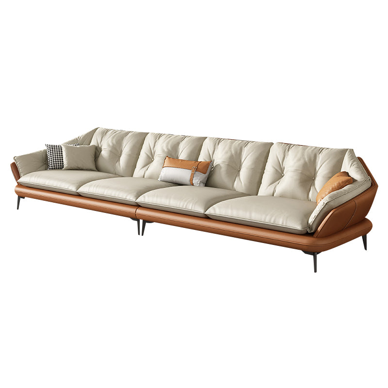 Tufted Genuine Leather Sectionals Flared Arm Beige Cushions Sectional Sofa