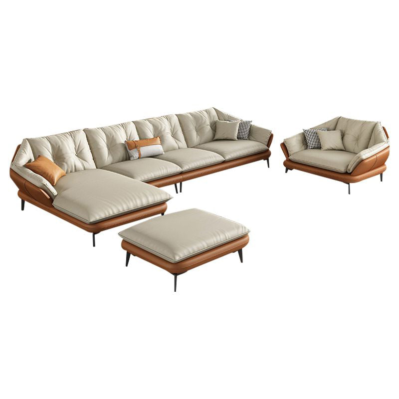Tufted Genuine Leather Sectionals Flared Arm Beige Cushions Sectional Sofa