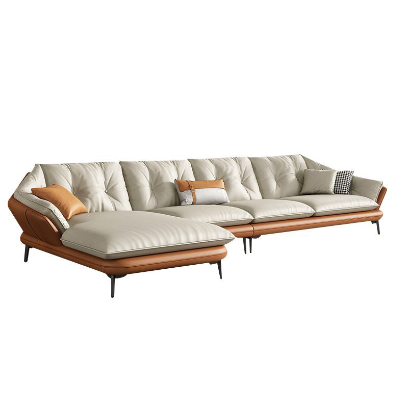 Tufted Genuine Leather Sectionals Flared Arm Beige Cushions Sectional Sofa