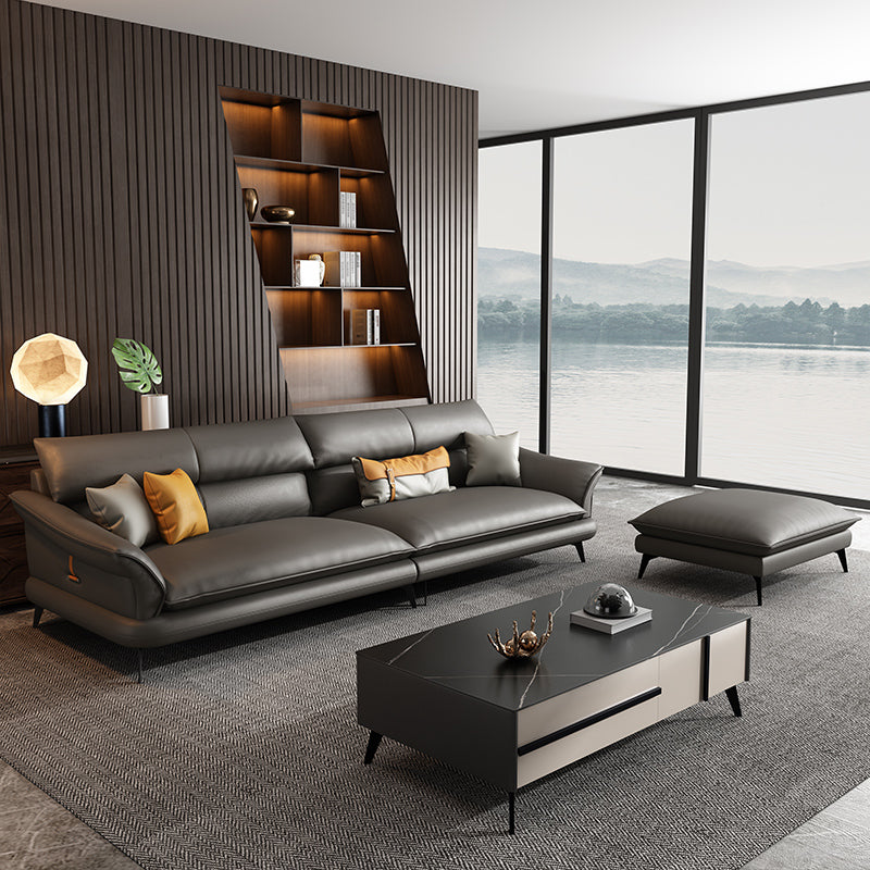 Glam Settee Genuine Leather Black Living Room Flared Arm Cushions Standard Sofa