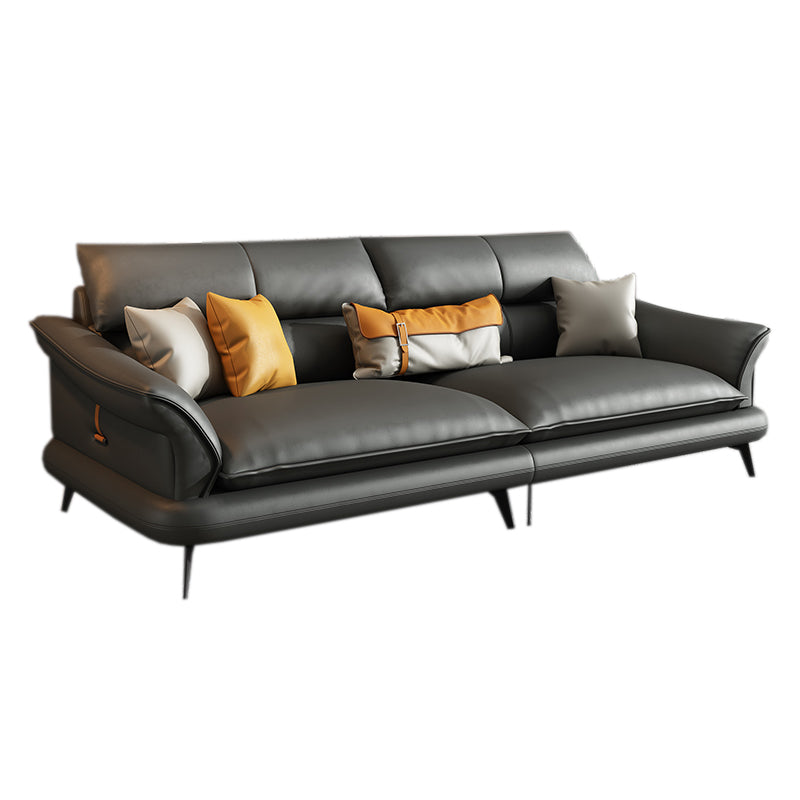 Glam Settee Genuine Leather Black Living Room Flared Arm Cushions Standard Sofa