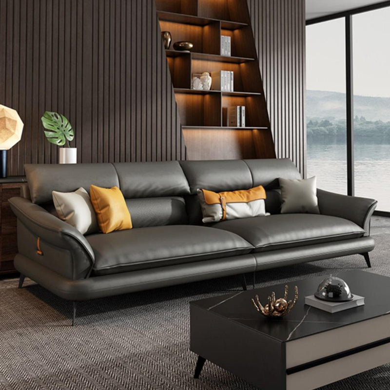 Glam Settee Genuine Leather Black Living Room Flared Arm Cushions Standard Sofa