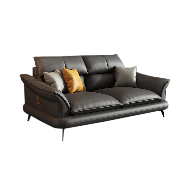 Glam Settee Genuine Leather Black Living Room Flared Arm Cushions Standard Sofa