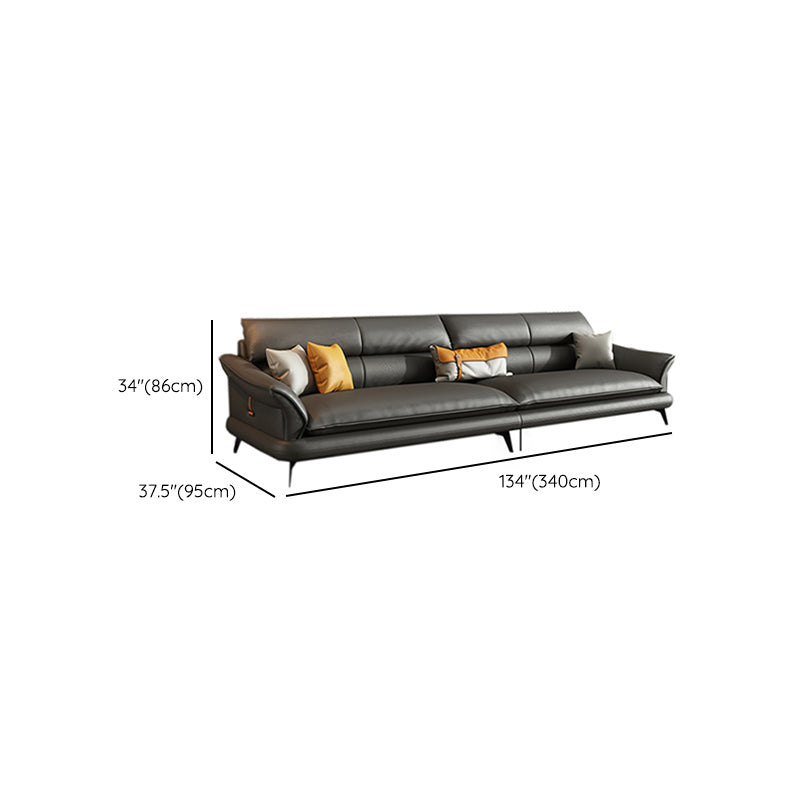 Glam Settee Genuine Leather Black Living Room Flared Arm Cushions Standard Sofa