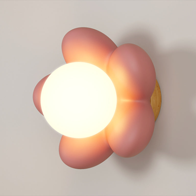 Children Style Wall Mount Lamp Wooden Flower Shape with Glass Shade for Bedroom