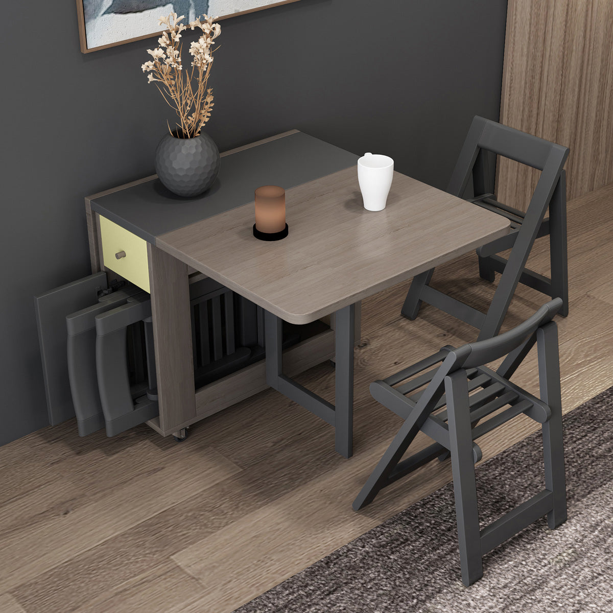 Modern Folding Dining Table Rectangle Tabletop with 2 Drawers