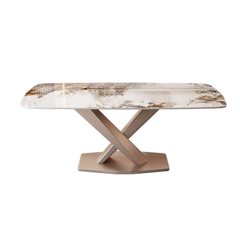 Luxury Rectangular White Stone Top Dining Table with Gold Metal X-Base