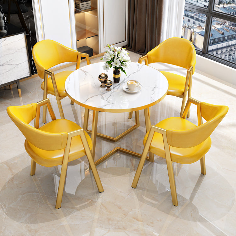 Glam Wood Top Dining Table Round Tabletop with Iron Double Pedestal Base