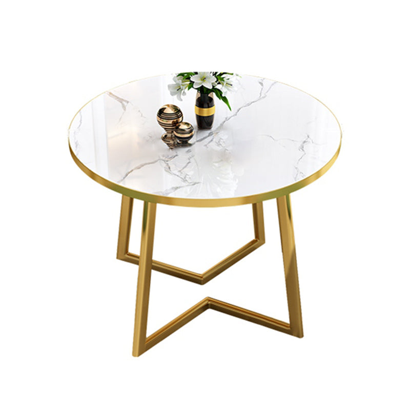 Glam Wood Top Dining Table Round Tabletop with Iron Double Pedestal Base