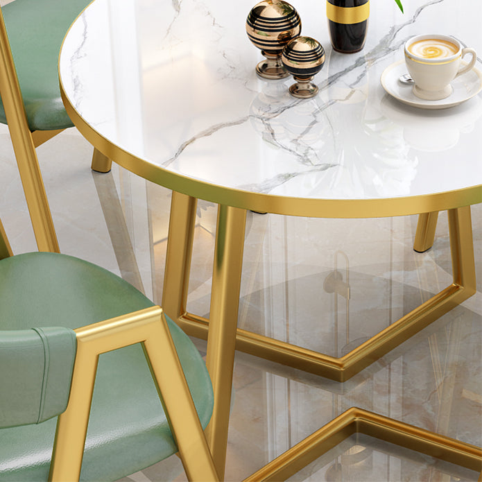 Glam Wood Top Dining Table Round Tabletop with Iron Double Pedestal Base