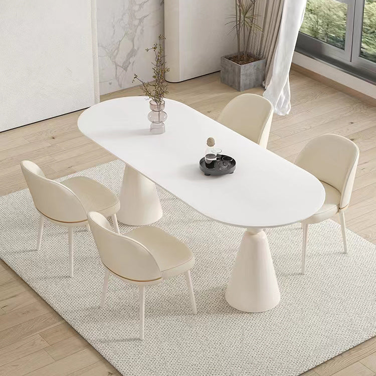 Contemporary Oval Stone Top Dining Table with White Steel Double Pedestal Base