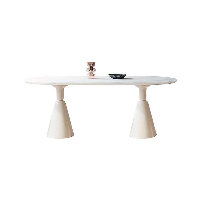 Contemporary Oval Stone Top Dining Table with White Steel Double Pedestal Base