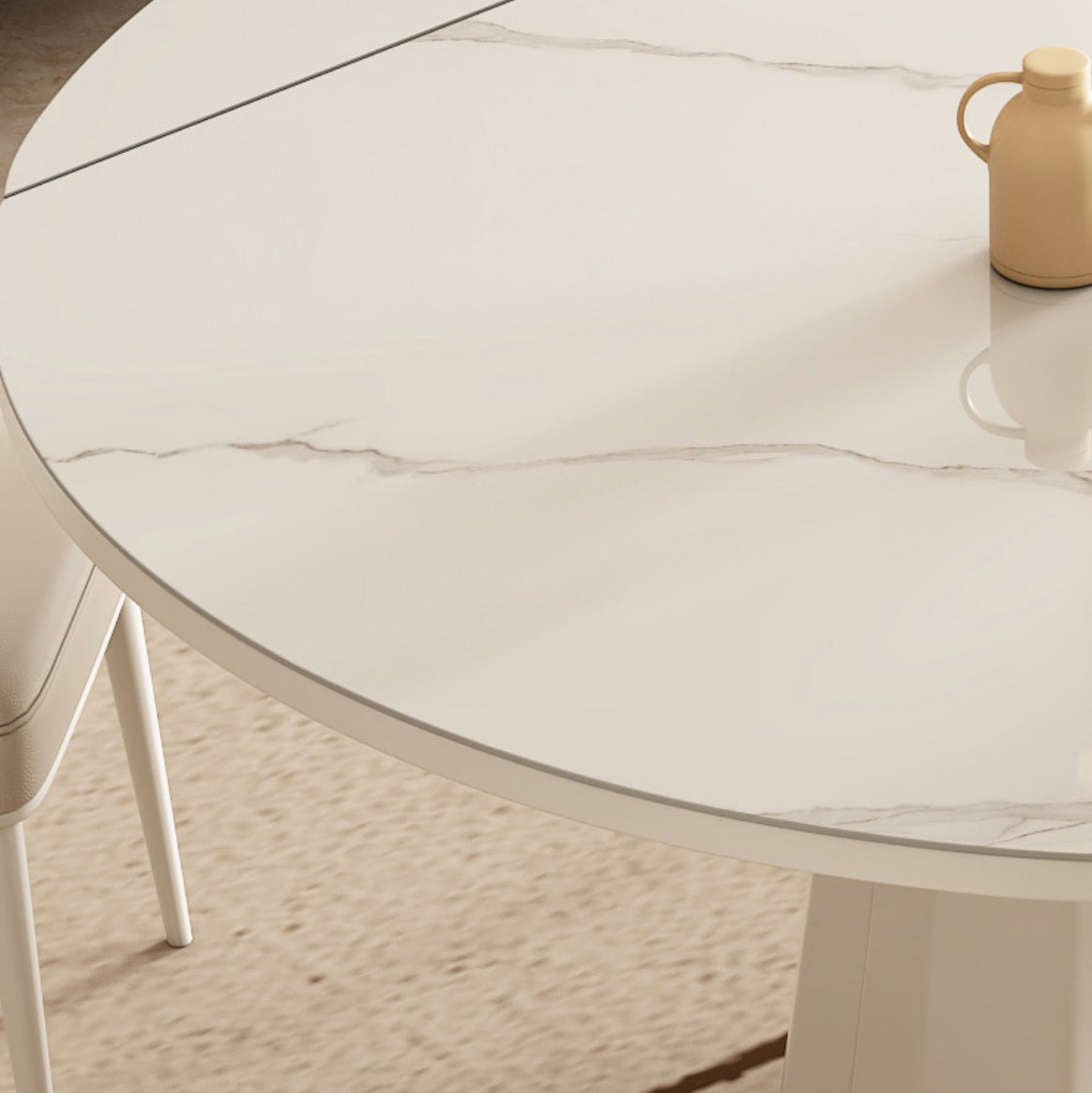 White Modern Extendable Stone Dining Table with Double Drop Leaf