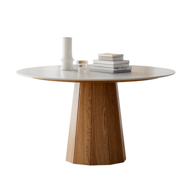 Modern Stone Top Dining Table Round Tabletop with Solid Wood Pedestal Base