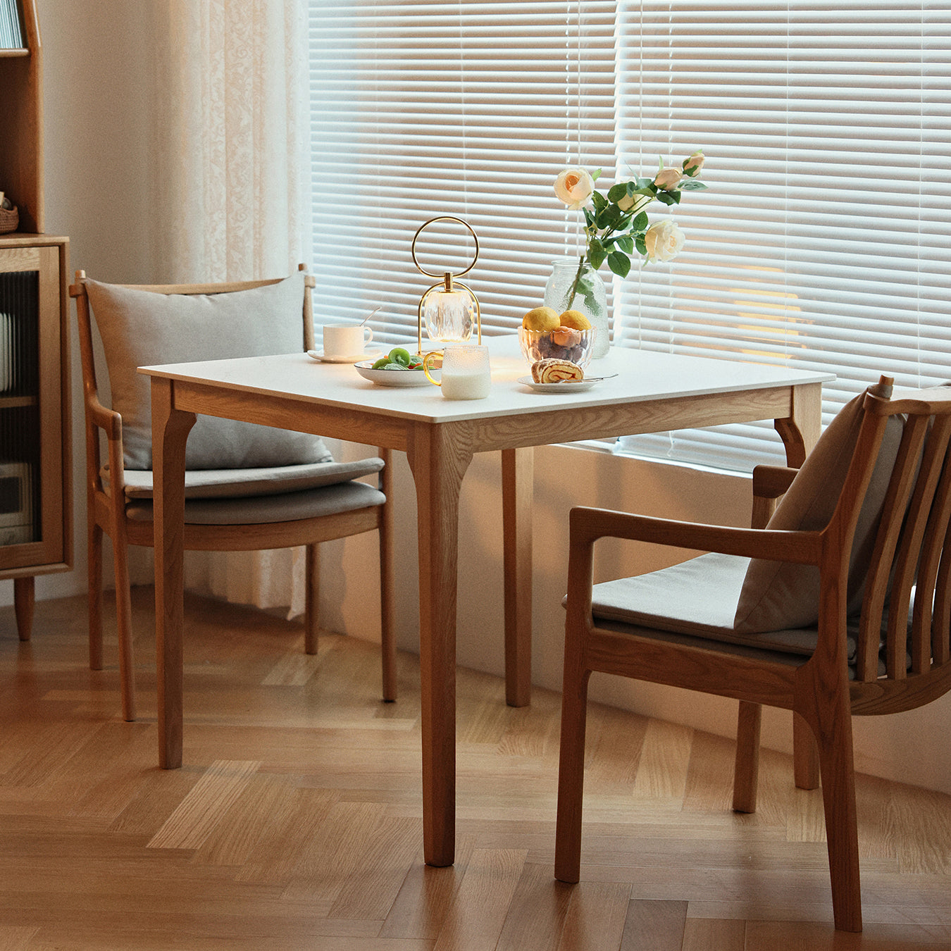 Modern Stone Top Dining Table Square Tabletop with Solid Wood Legs