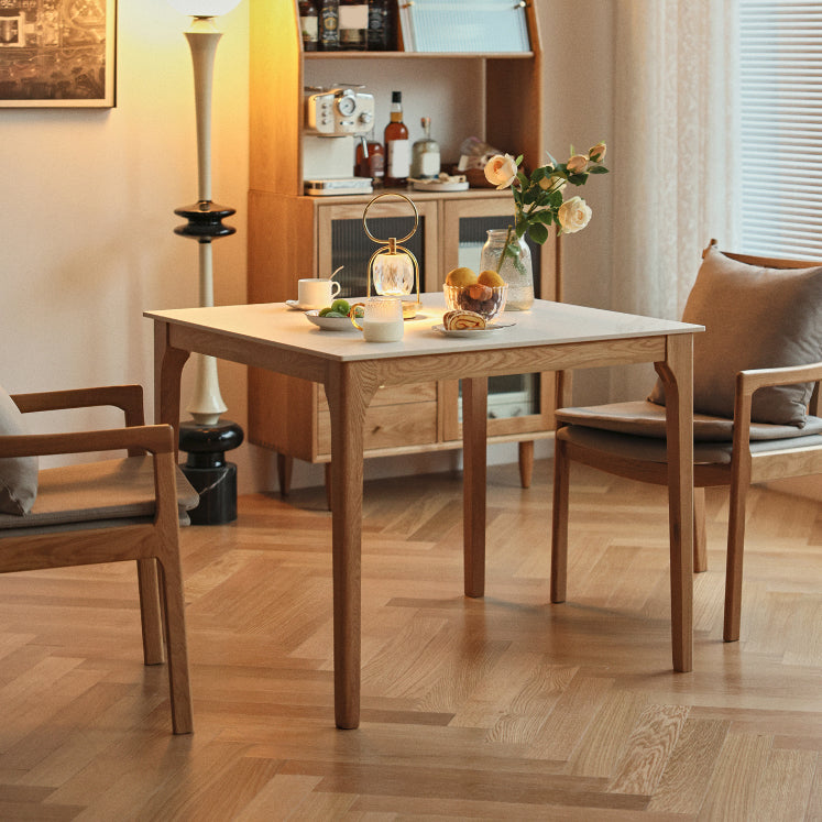 Modern Stone Top Dining Table Square Tabletop with Solid Wood Legs
