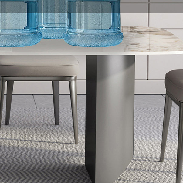 White Stone Top Dining Table Rectangular Tabletop with Metal Double Pedestal Base