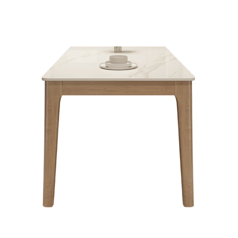 Modern White Stone Top Dining Table Rectangular Tabletop with Wood Legs