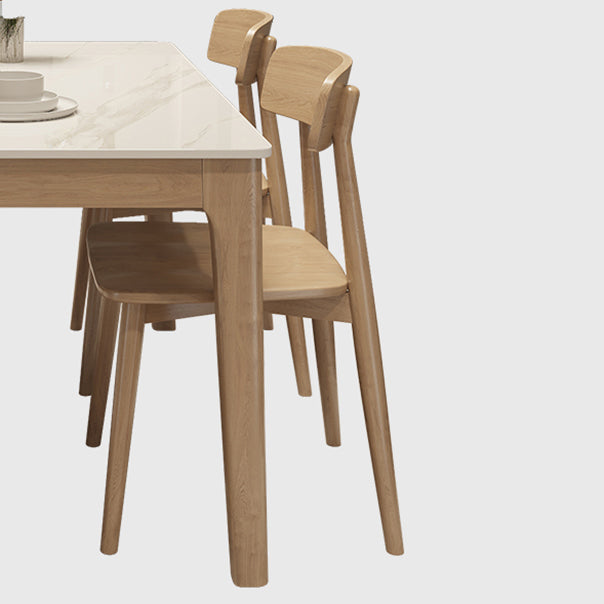 Modern White Stone Top Dining Table Rectangular Tabletop with Wood Legs