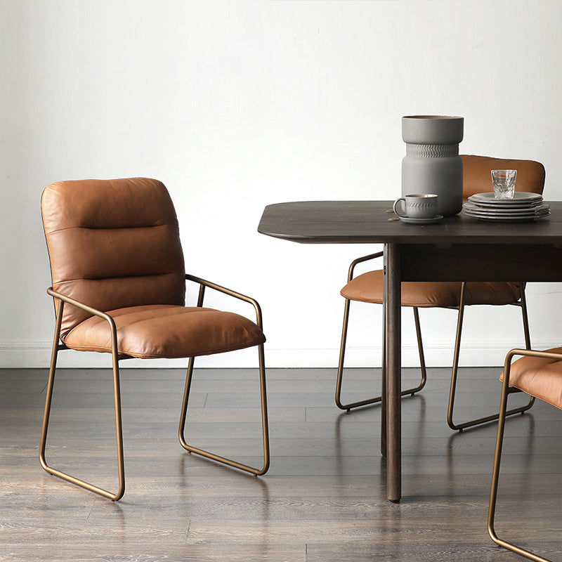 Glam Style Leather Parsons Back Metal Base Home Use Dining Arm Chair