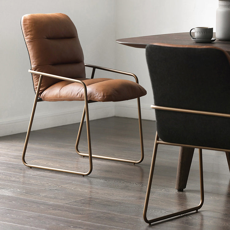 Glam Style Leather Parsons Back Metal Base Home Use Dining Arm Chair
