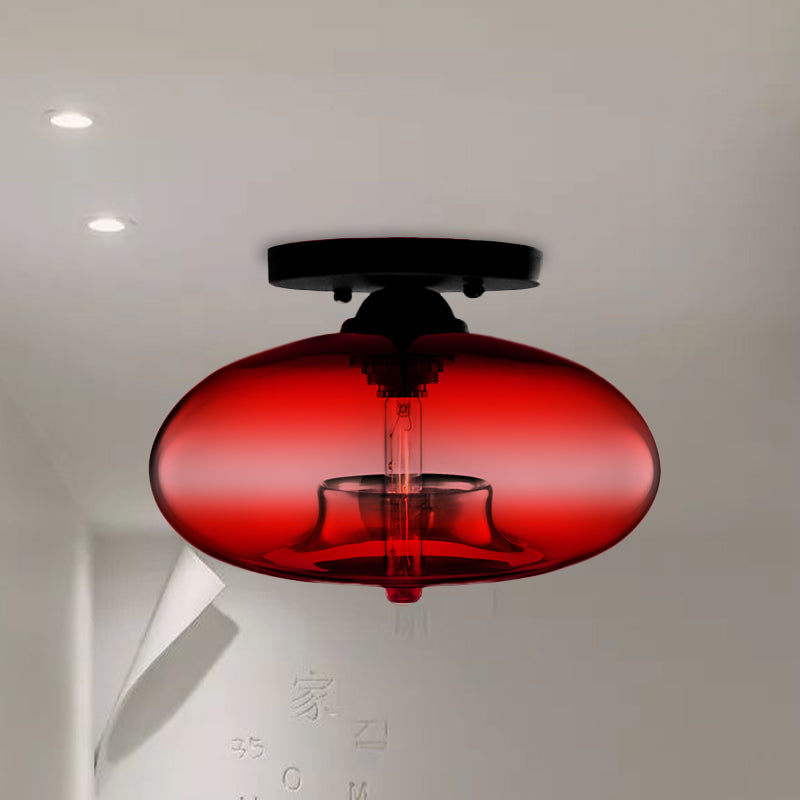 1 Light Ceiling Light Fixture with Oval Shade Red/Brown/Blue Glass Industrial Living Room Semi Flush in Black