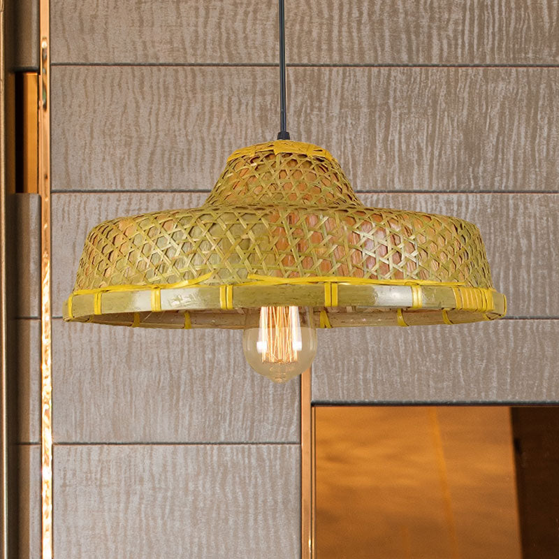 Rustic Hat Shaped Hanging Light Bamboo Shade 1 Light Pendant Lamp over Dining Table