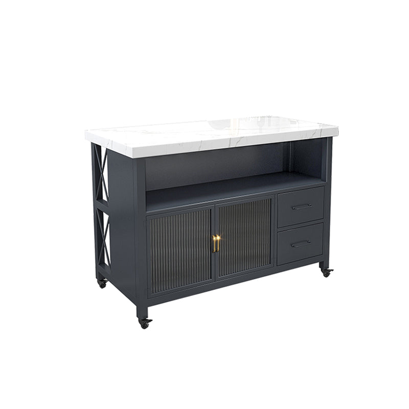 Modern White Faux Marble Kitchen Trolley with Storage Cabinet