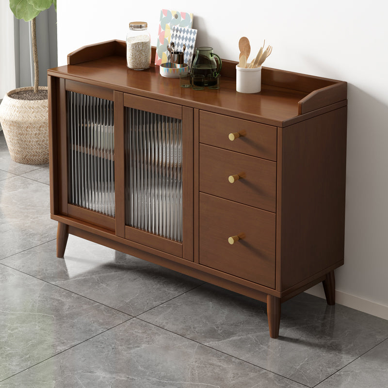 Glam Glass Doors Buffet Stand Rubberwood Solid Wood Sideboard with 3-Drawers