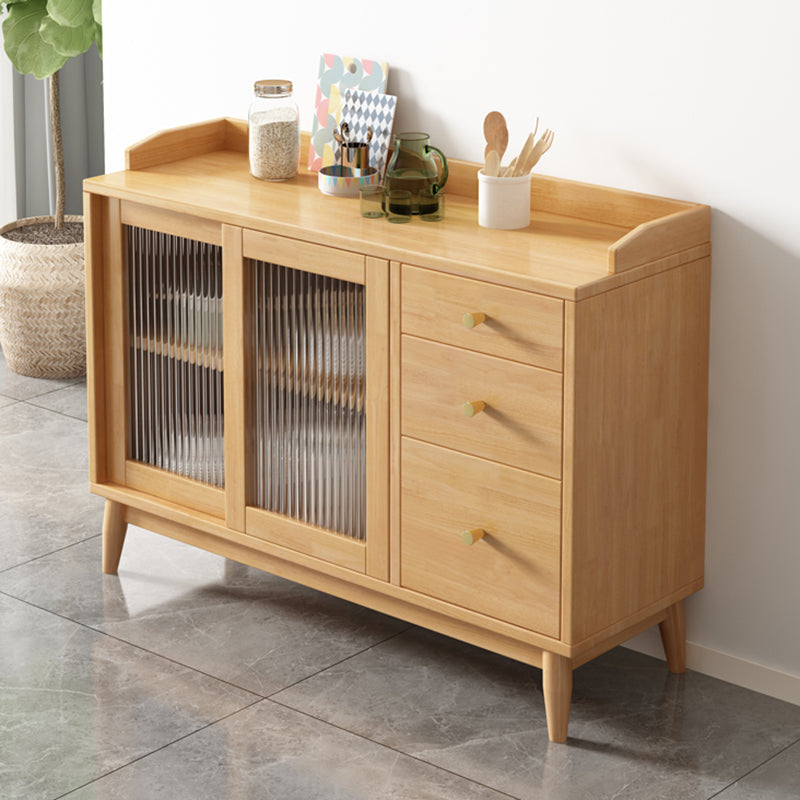 Glam Glass Doors Buffet Stand Rubberwood Solid Wood Sideboard with 3-Drawers