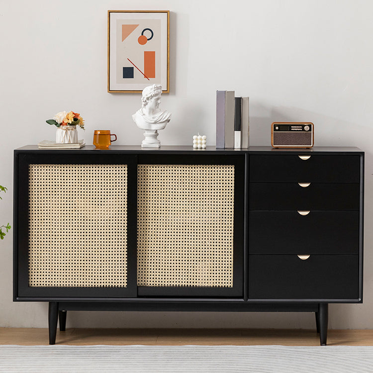 Contemporary Brown Cabinets Doors Sideboard Solid Wood Buffet Table with 4-Drawer