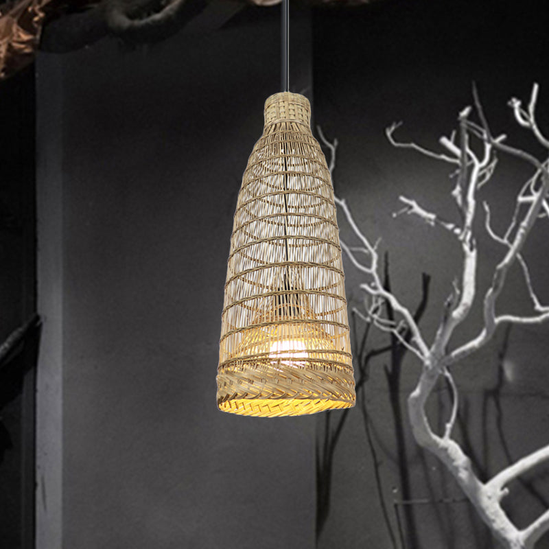 Hand-Worked Rattan Pendant Light Fixture Lodge Style 6"/8" W 1 Head Beige Ceiling Fixture for Restaurant