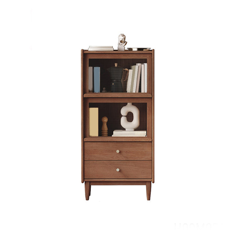Modern Living Room Curio Cabinet Solid Wood Glass Doors with 2 Drawers