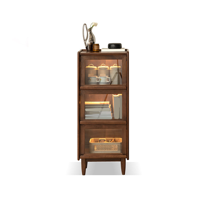 Brown Solid Wood Curio Cabinet Modern Glass Doors with Lighting