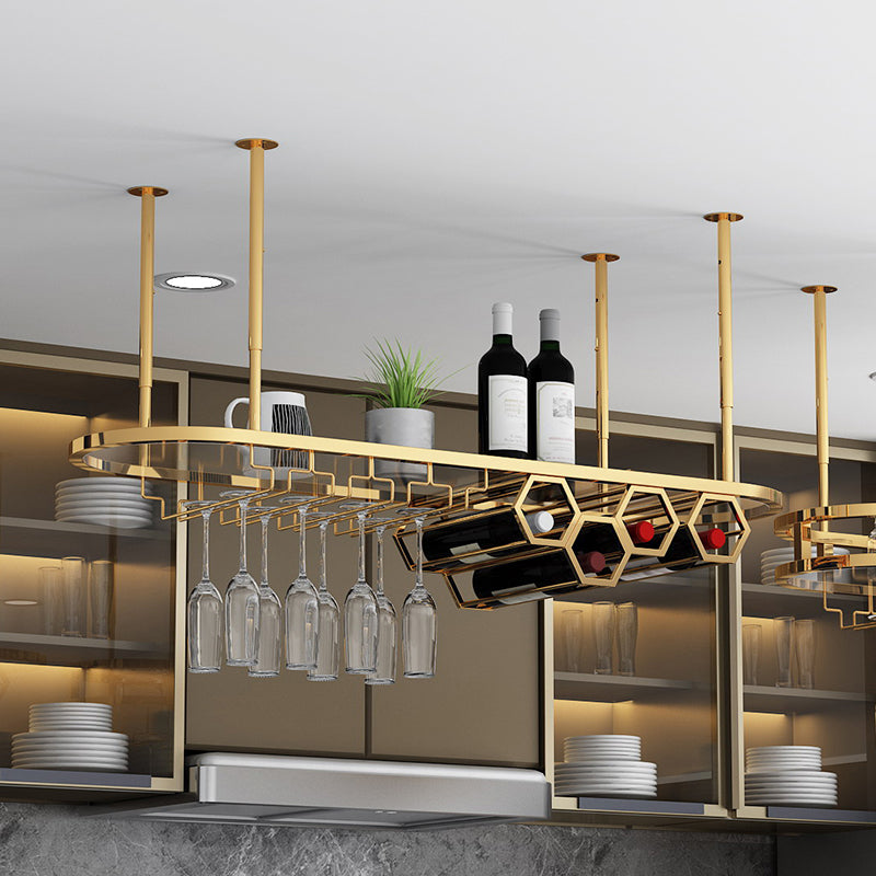 Gold Metal Kitchen Wine Holder with Glass Holder & Storage Shelf
