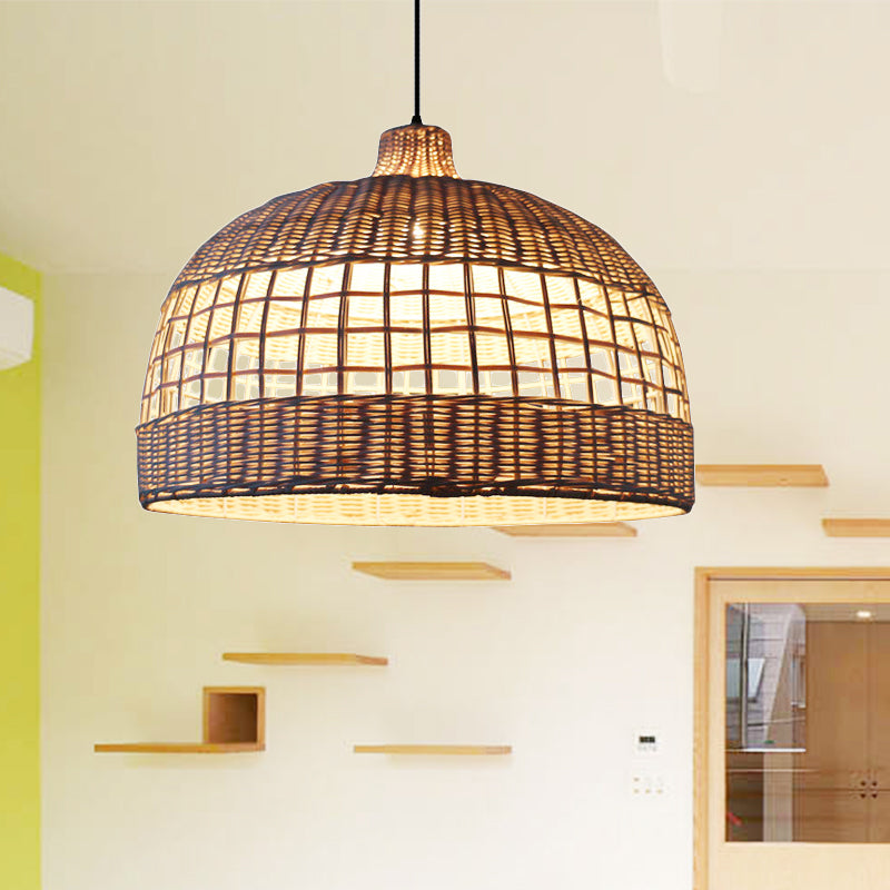 Brown Domed Ceiling Drop Light Rustic Woven Rattan 1-Light Pendant Lamp for Cafe Restaurant