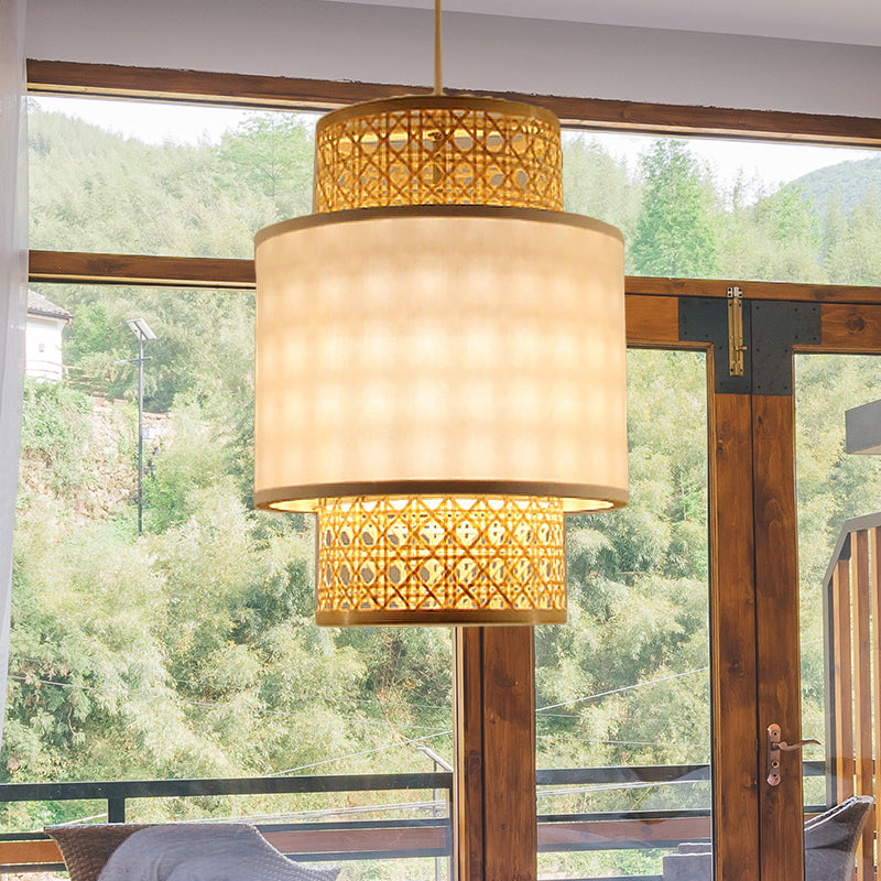 Asian Style 1 Bulb Hanging Light with Bamboo and Fabric Shade Red/White Cylinder Ceiling Light Fixture for Restaurant